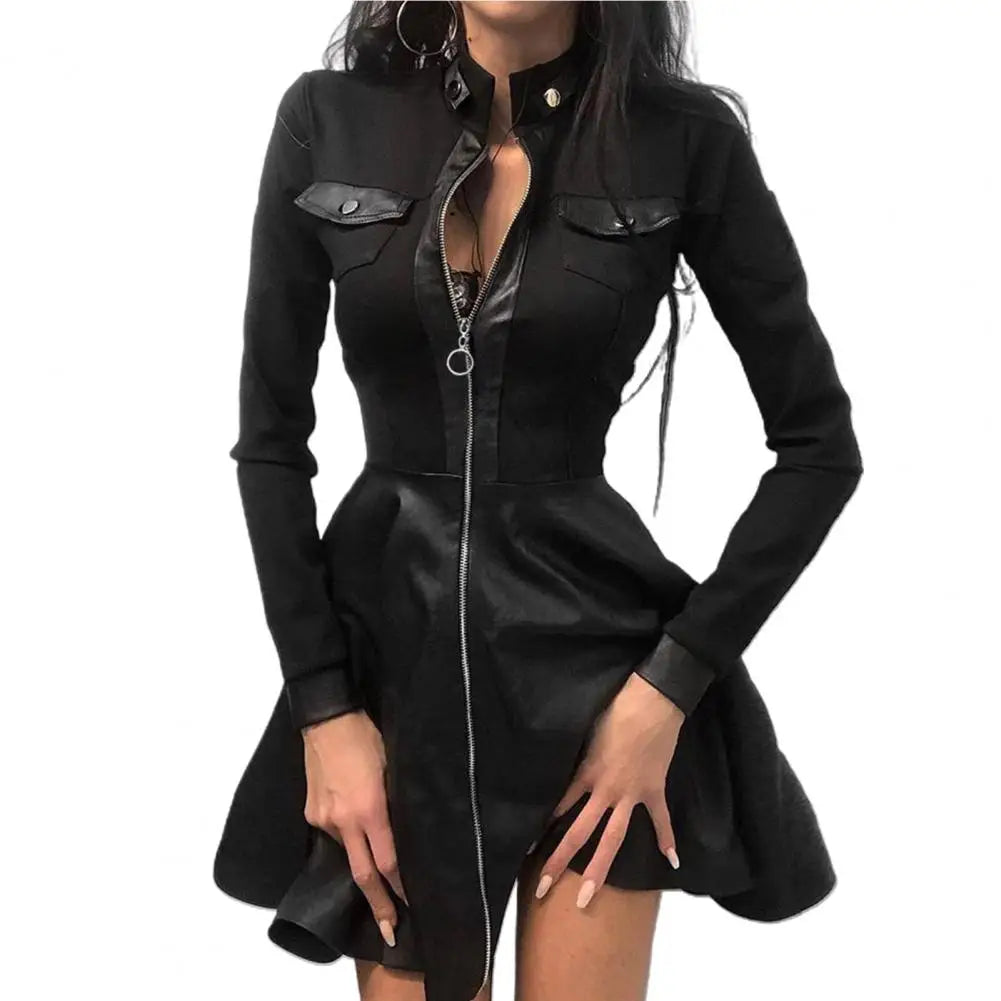 Lace Long Sleeve Dress - Zipper Pocket Faux Leather Mini