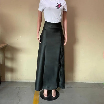 Elegant High Slit Faux Leather Long Skirt Stylish Maxi