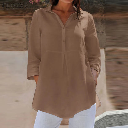 ZANZEA Stylish Blouse Elegant Lapel Neck 3/4 Sleeve Shirt Women Casual Loose Blusas Female Solid Chemise Buttons Tops Oversized