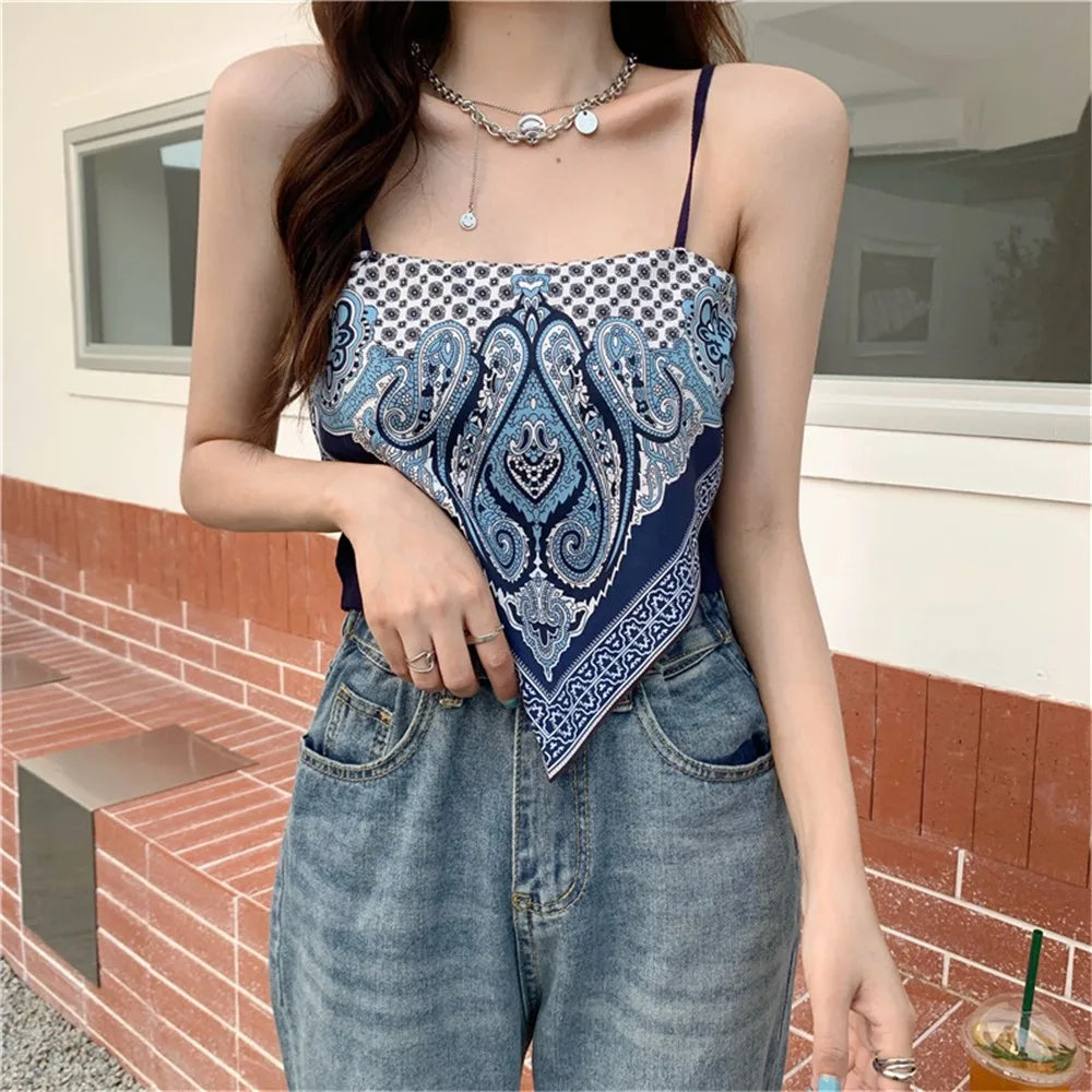 Women Summer Retro Print Satin Tie Back Knot Spaghetti Sleeveless Straps Tube Crop Top Blouse Slim Fit Irregular Ladies Tank