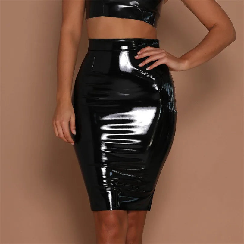 Sexy Women's Leather Skirts Club Solid Shiny High Waist