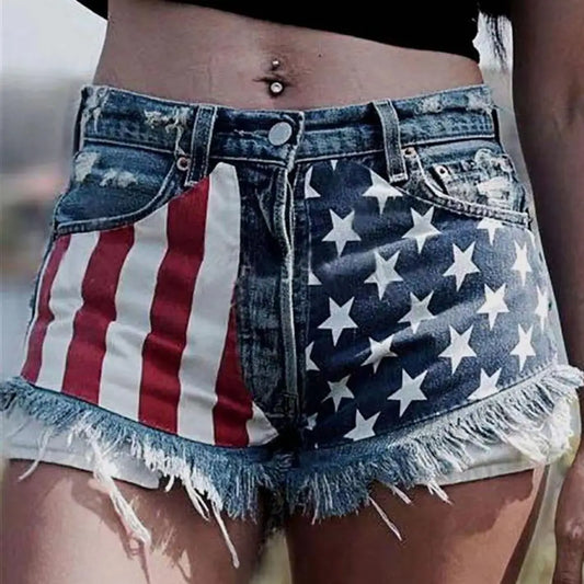 Women's Denim Shorts High Waist Skinny American Flag