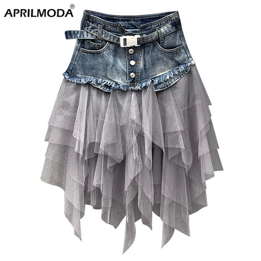 Summer Mini Tutu Tulle Skirt Gothic Punk Women's High Waist Irregular Denim Skirts