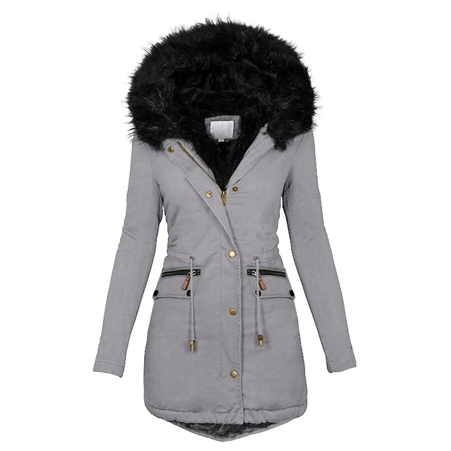 Fashion Velvet Parka Coat with Drawstring Pockets: Thick Warm Winter Jacket for Women