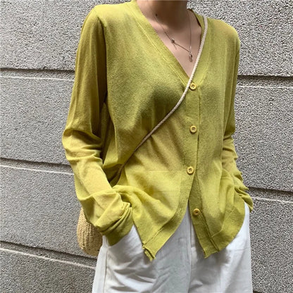 Cardigan Shirt Women Tops Korean Long Sleeve Cardigan Summer Tops V Neck Thin Knitted Sunscreen Shirt Sweater Blusas Mujer E600