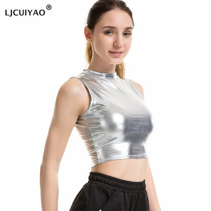 LJCUIYAO Women Crop Top Shiny Material Leather Sleeveless Vest Sports Tank Tops Gold Silver Shining Colorful Green Red Clothes