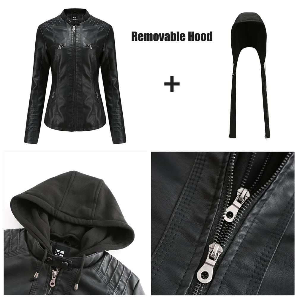 Hooded PU Leather Jacket - Women’s Motorcycle