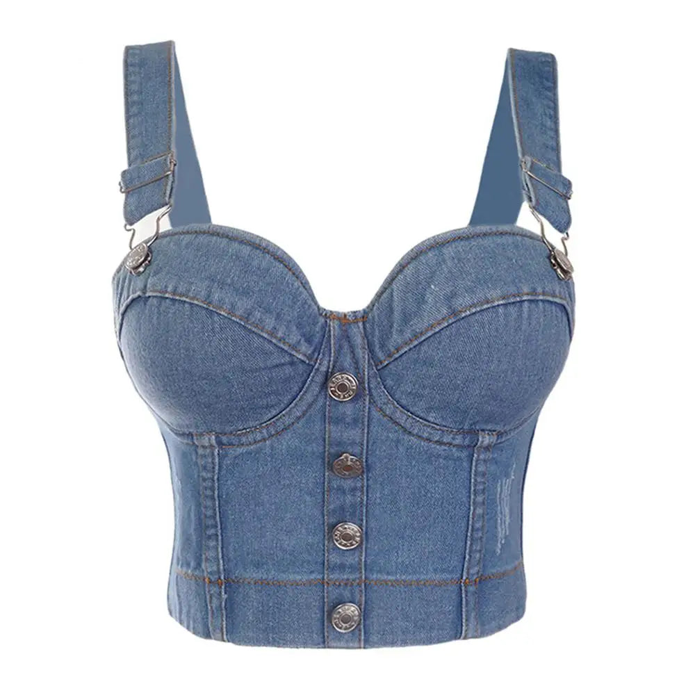 SXTHAENOO Fashion Sexy Denim Jeans Women Button Bustier Bra Party Night Club Party Cropped Top Vest Plus Size Ropa De Mujer