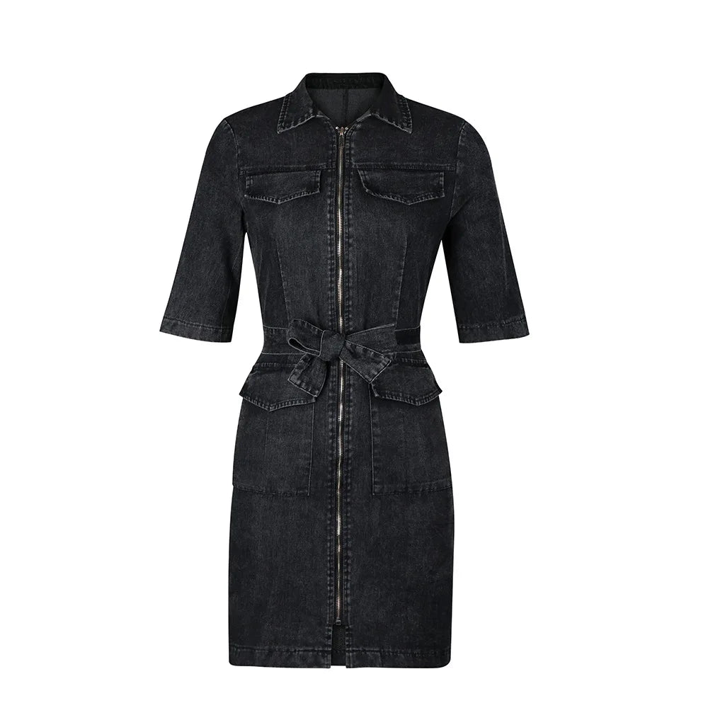 Women's Denim Dress - Short Sleeve, Front Zipper, Bandage Pockets