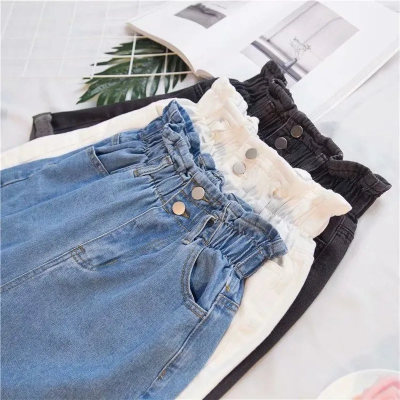 Summer High Waist Denim Shorts Casual Elastic Roll Up