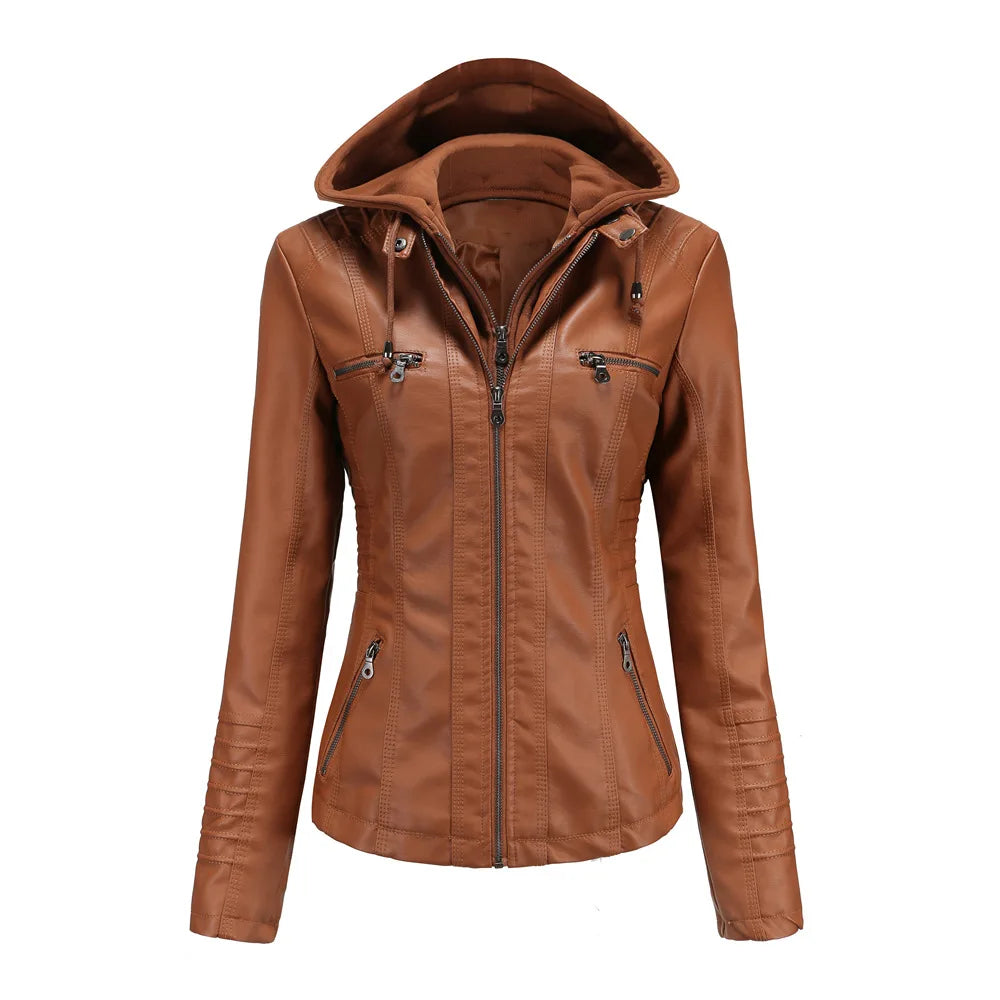 Hooded PU Leather Jacket - Women’s Motorcycle