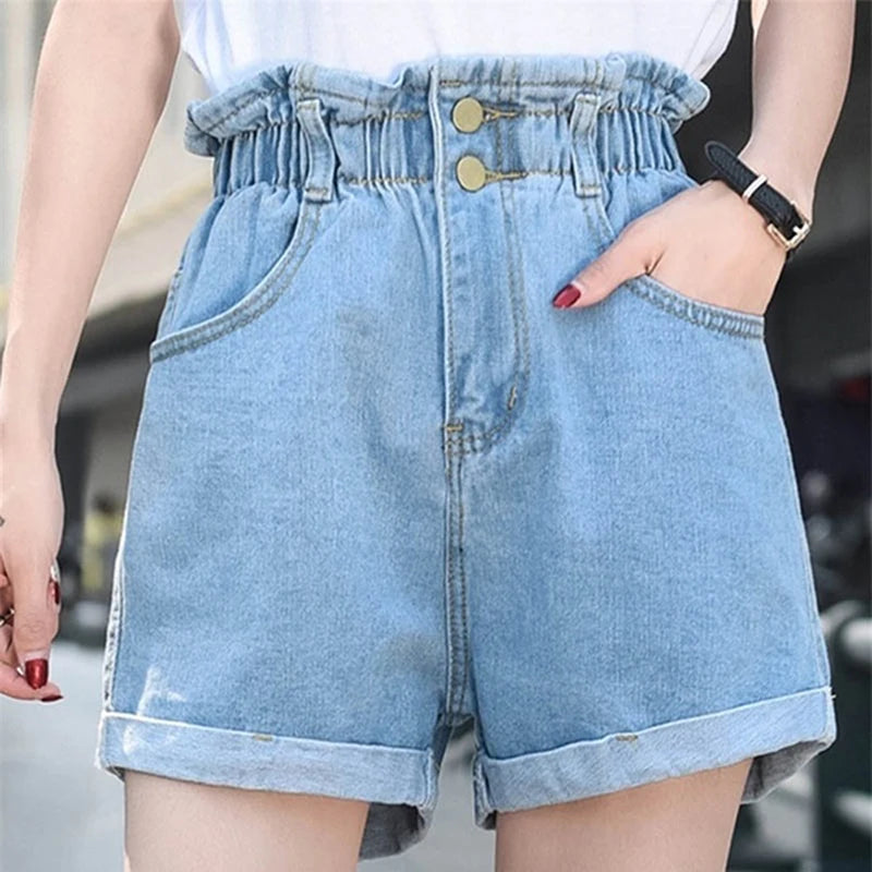 Summer High Waist Denim Shorts Casual Elastic Roll Up