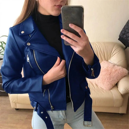 Solid Color Lady Faux Leather Jacket Autumn Winter Biker Jacket Women Waterproof Leather Coat