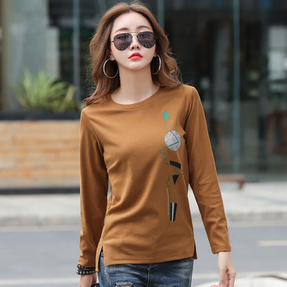 LJSXLS New Print T Shirt Women Cotton Korean Fashion Woman Clothes 2024 Spring Tops Autumn Tshirt Long Sleeve Tee Shirt Femme