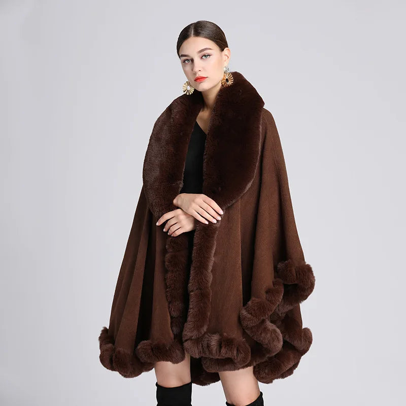 V Lapel Faux Rex Rabbit Fur Coat - Long Shawl Full Trim Fur