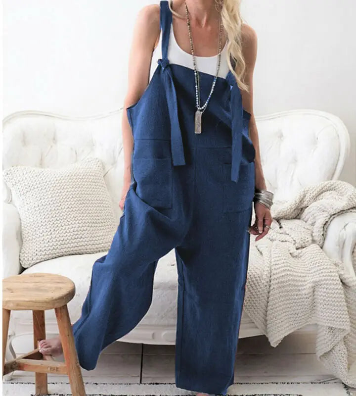 Women's Linen Dungarees Harem Strap Pant Loose Jumpsuit Baggy Trousers