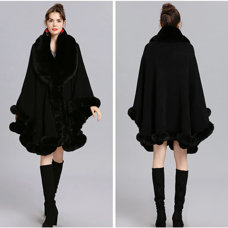 V Lapel Faux Rex Rabbit Fur Coat - Long Shawl Full Trim Fur