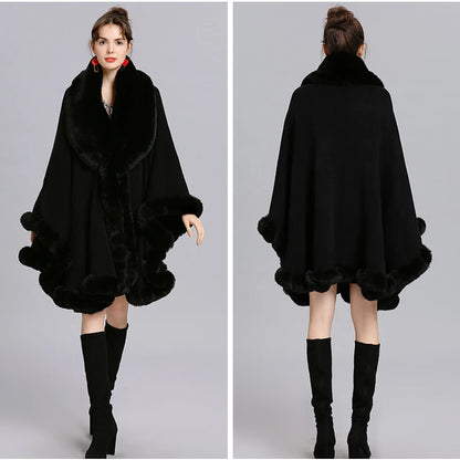 V Lapel Faux Rex Rabbit Fur Coat - Long Shawl Full Trim Fur