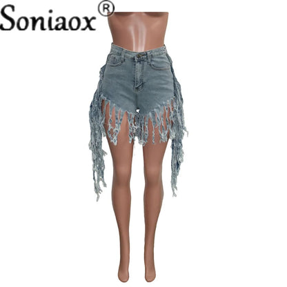 Summer High Waist Jeans Tassel Street Night Skinny Denim