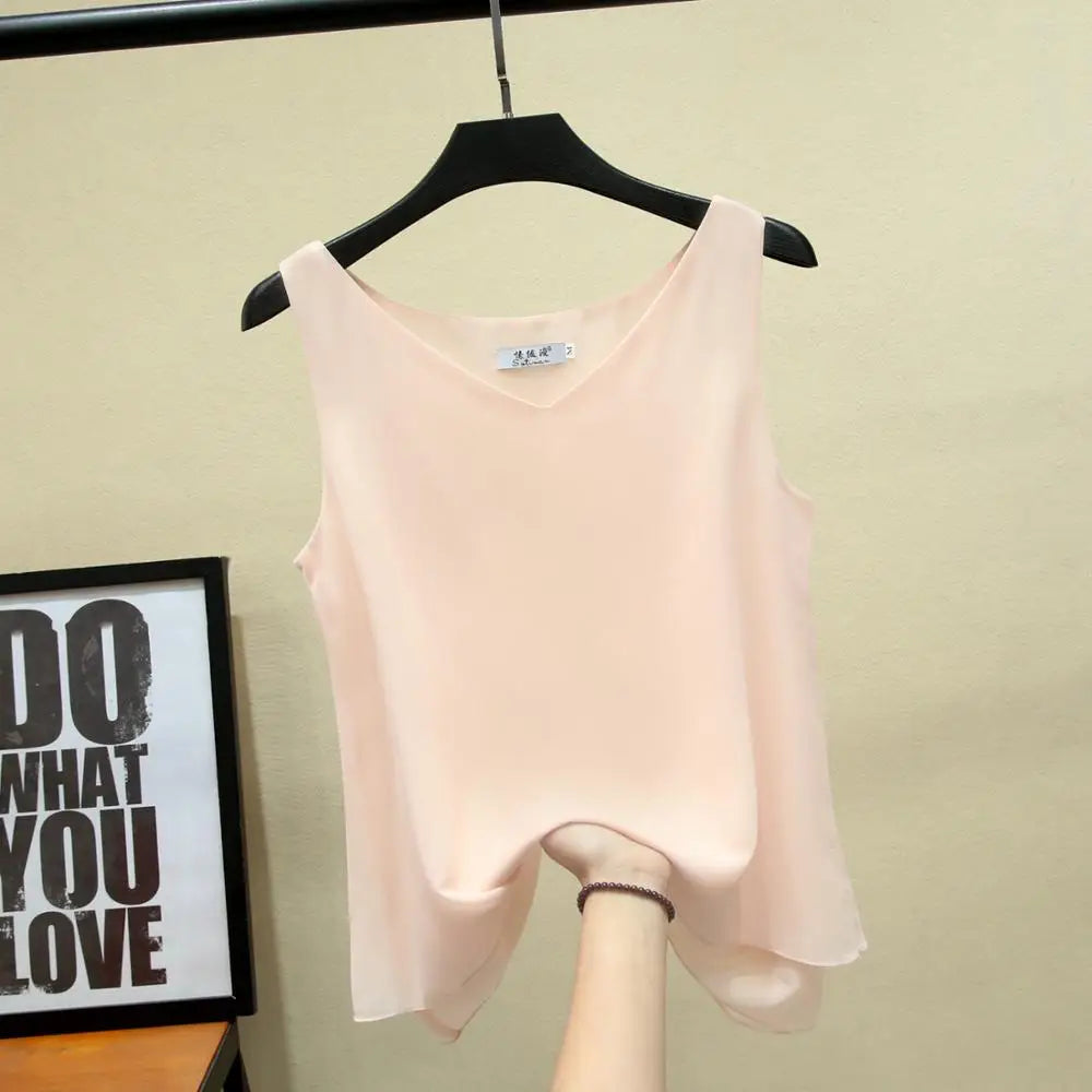 2022 Fashion Brand Women blouse Summer New sleeveless Chiffon Shirt Solid V-neck Casual blouse Loose Oversized Female Tops