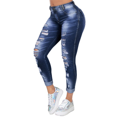 Plus Size Women's Ripped High Waist Trousers Skinny Denim Hollow