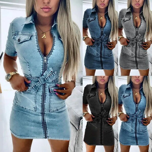 Women's Denim Dress - Short Sleeve, Front Zipper, Bandage Pockets