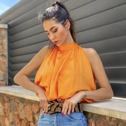 Klacwaya Top Women 2021 Sexy Blouses Orange Crop Ladies Shirts Halter Sleeveless Girl Summer Blusas Clothing Female Chic Tops