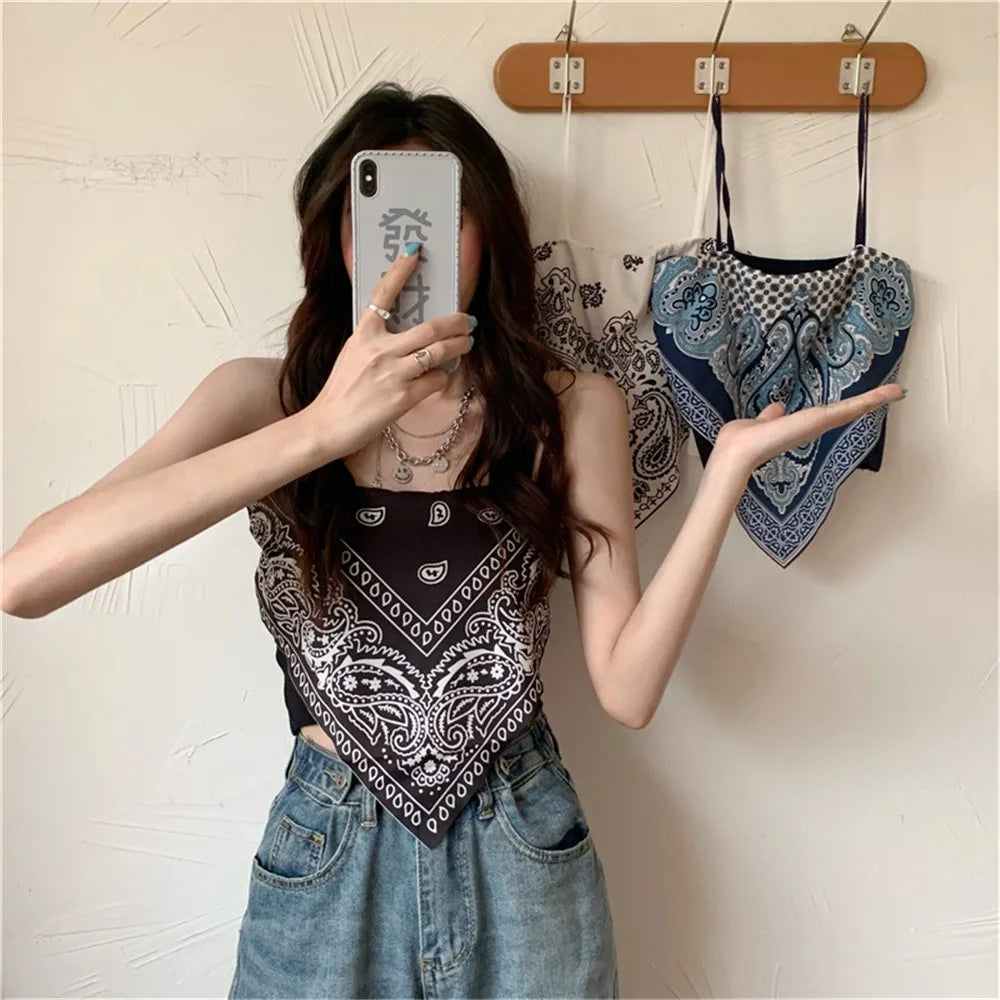 Women Summer Retro Print Satin Tie Back Knot Spaghetti Sleeveless Straps Tube Crop Top Blouse Slim Fit Irregular Ladies Tank