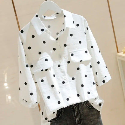 Women Oversize White Shirt With Pockets Ladies Fashion Elegant Blouses 2024 Casual Youth Black Polka Dot Top Korean Clothing