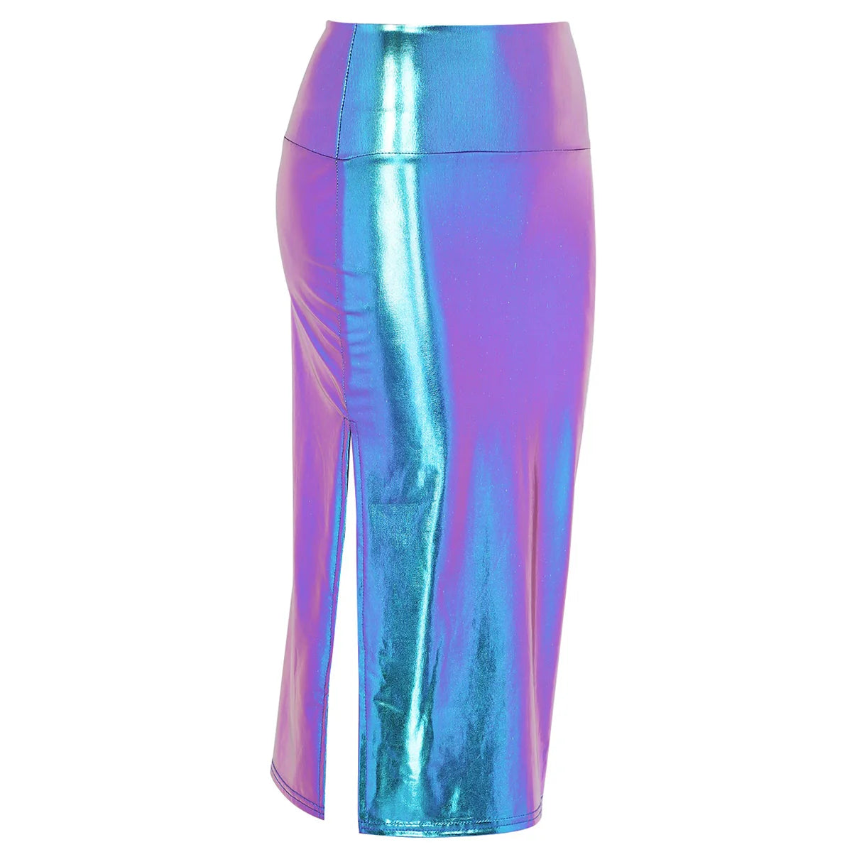 Women's Shiny Metallic Sexy Midi Fashion Skirt Holographic High Waist