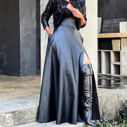 Elegant High Slit Faux Leather Long Skirt Stylish Maxi