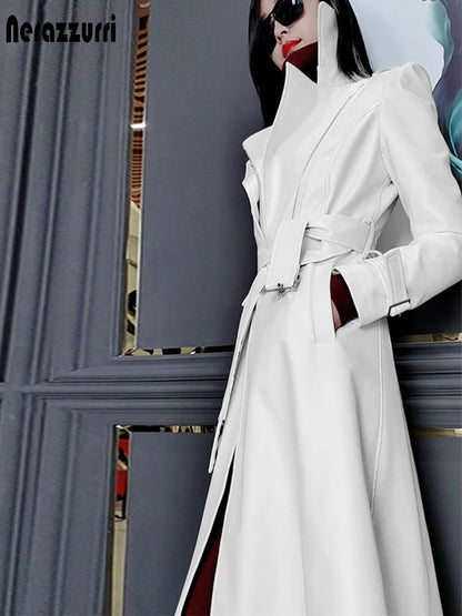 Nerazzurri Spring Runway White Long Leather Trench Coat Elegant Luxury 2021 Designer