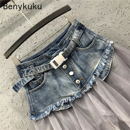 Punk Women's Denim Jeans Patchwork Lace Skirt High Waist Asymmetric