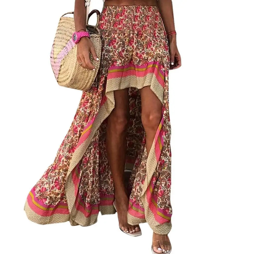 Bohemian Asymmetrical Dress Women's Summer Beach Floral High Waist