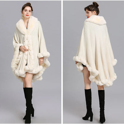 V Lapel Faux Rex Rabbit Fur Coat - Long Shawl Full Trim Fur