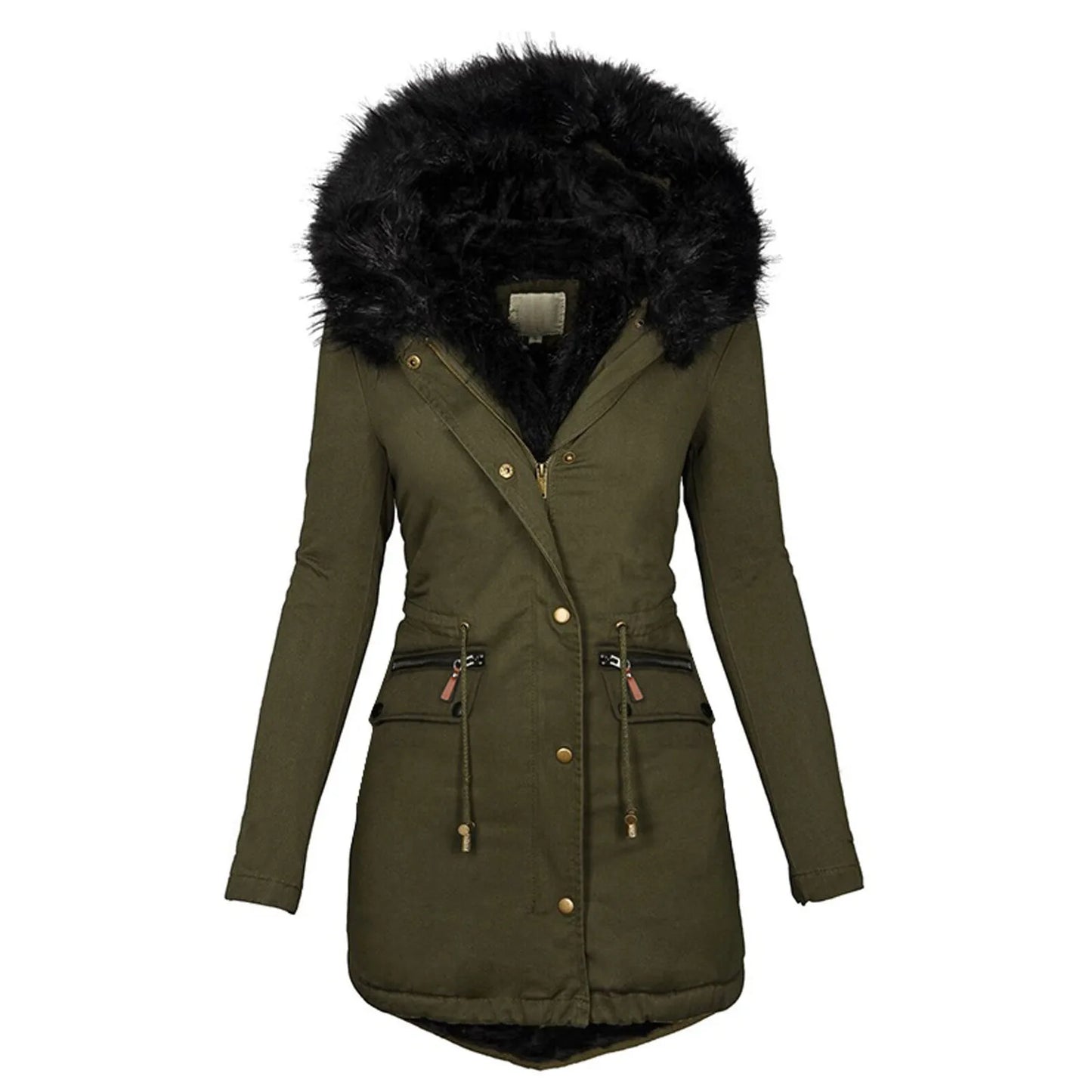 Fashion Velvet Parka Coat with Drawstring Pockets: Thick Warm Winter Jacket for Women