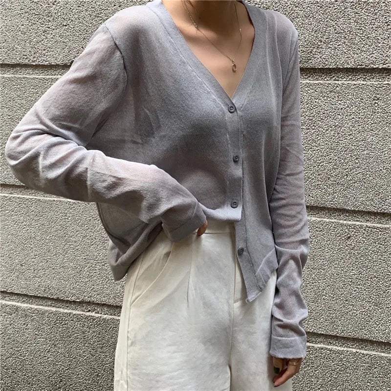 Cardigan Shirt Women Tops Korean Long Sleeve Cardigan Summer Tops V Neck Thin Knitted Sunscreen Shirt Sweater Blusas Mujer E600