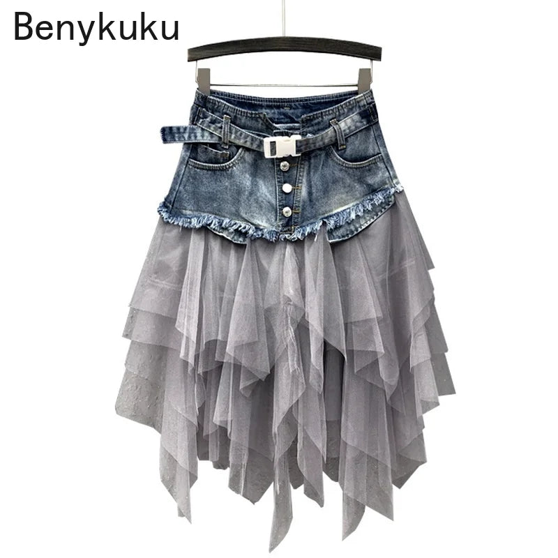 Punk Women's Denim Jeans Patchwork Lace Skirt High Waist Asymmetric