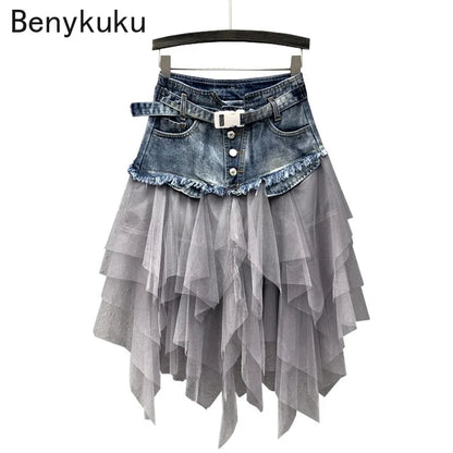 Punk Women's Denim Jeans Patchwork Lace Skirt High Waist Asymmetric