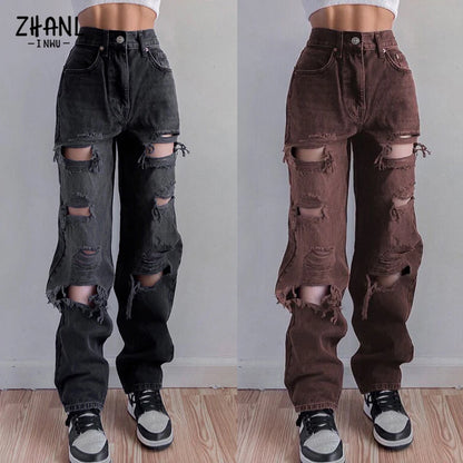 Ripped High Waist Jeans Women's Vintage Straight Denim Trousers