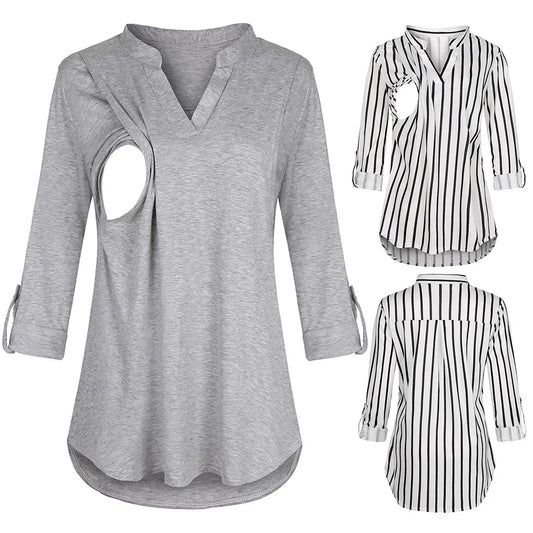 New Fashion Maternity Blouses Long Sleeve Striped Nursing Tops