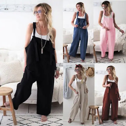 Women's Linen Dungarees Harem Strap Pant Loose Jumpsuit Baggy Trousers