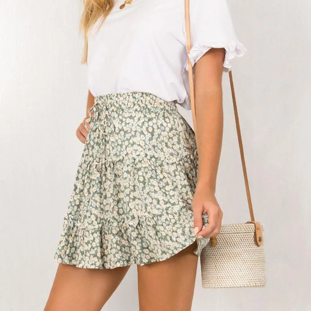 Summer Floral Print Boho Sexy Mini Skirt Women's Bandage Fashion High Waist Frills