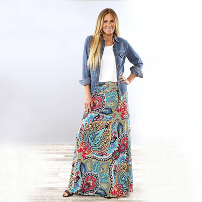 Summer Print Maxi Bohemian Skirt Women's High Waist Vintage