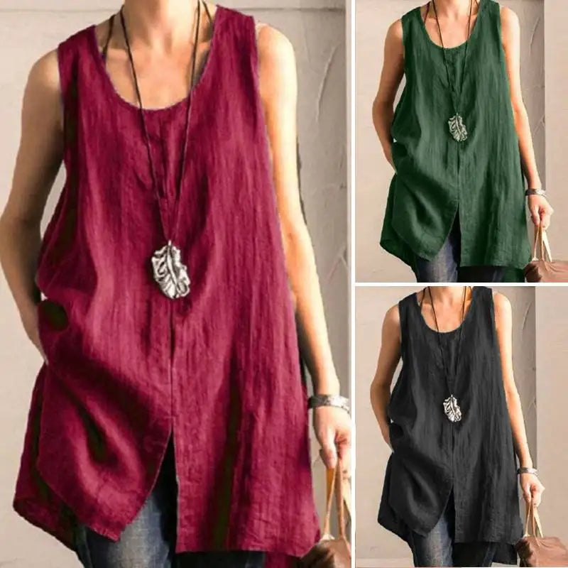 2023 Summer Sleeveless Split Tanks Tops ZANZEA Women Cotton Linen Blouse Vintage Solid Party Shirt Female Blusas Tunic Tops Tee