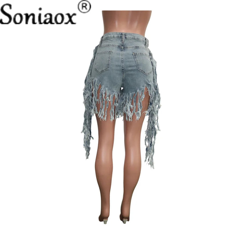 Summer High Waist Jeans Tassel Street Night Skinny Denim