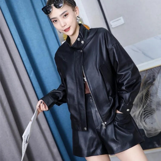 High Quality Korean Style Genuine Leather Jackets Office Lady Short Sheepskin Coat