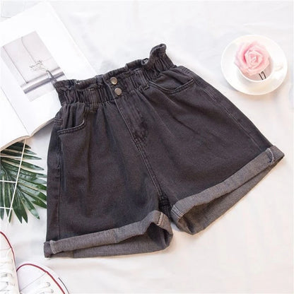 Summer High Waist Denim Shorts Casual Elastic Roll Up