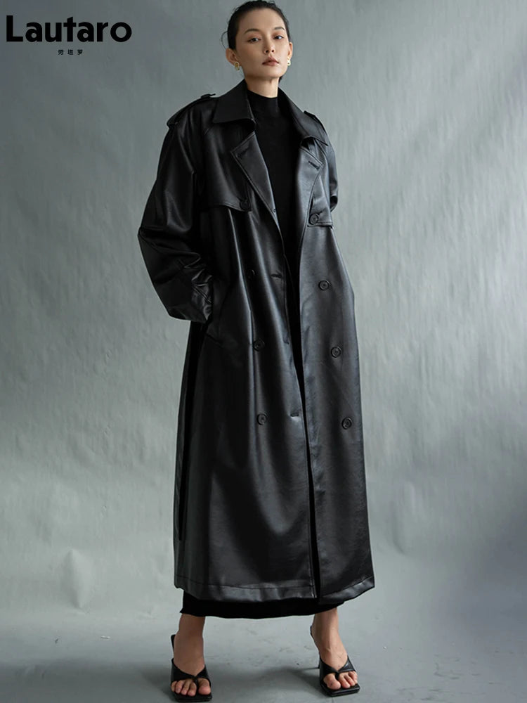 Extra Long Black Faux Leather Trench Coat - Women's Oversized Belt Double Breasted