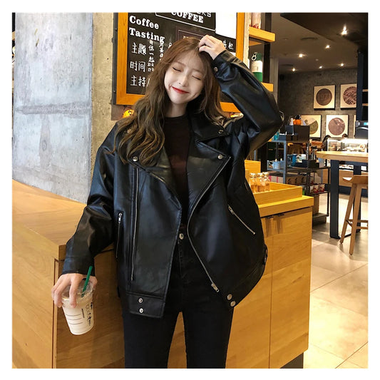 Oversized Faux Leather Jacket - Autumn Loose Biker